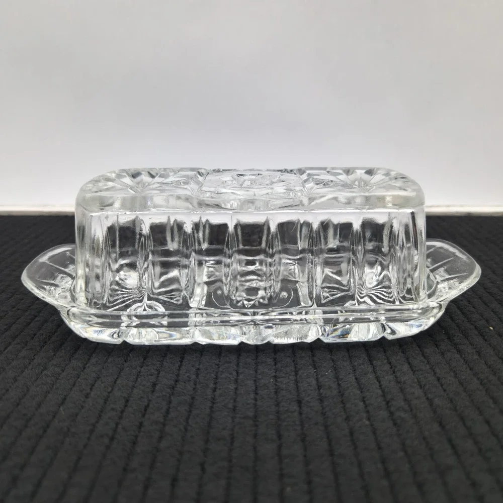 Anchor Hocking Butter Dish Heavy Clear Glass Starburst Pattern with Lid Vintage